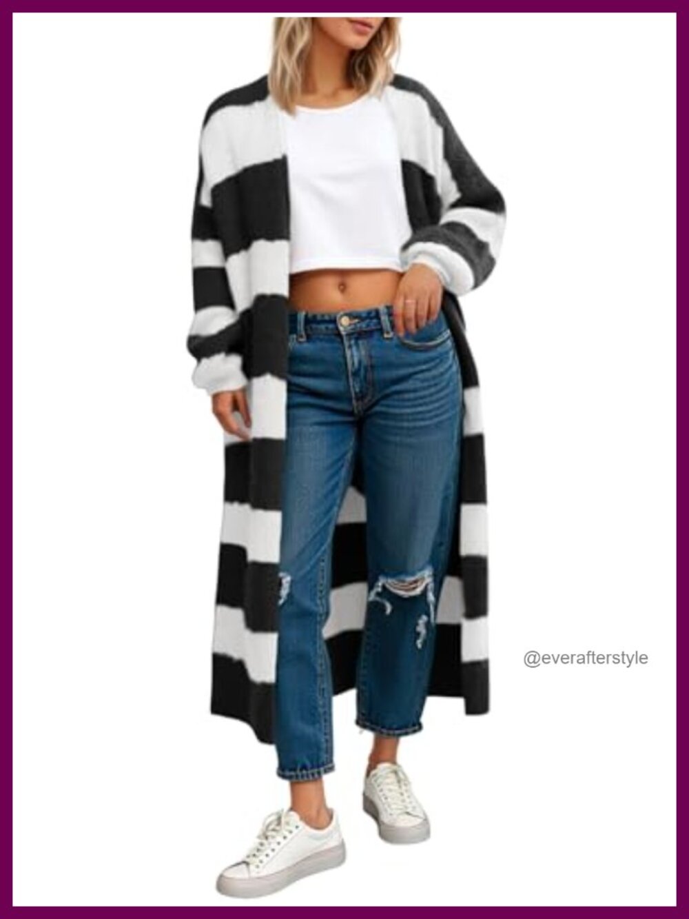 Striped Open Front Long Cardigan Chunky Fuzzy Knit Duster Sweater Coat